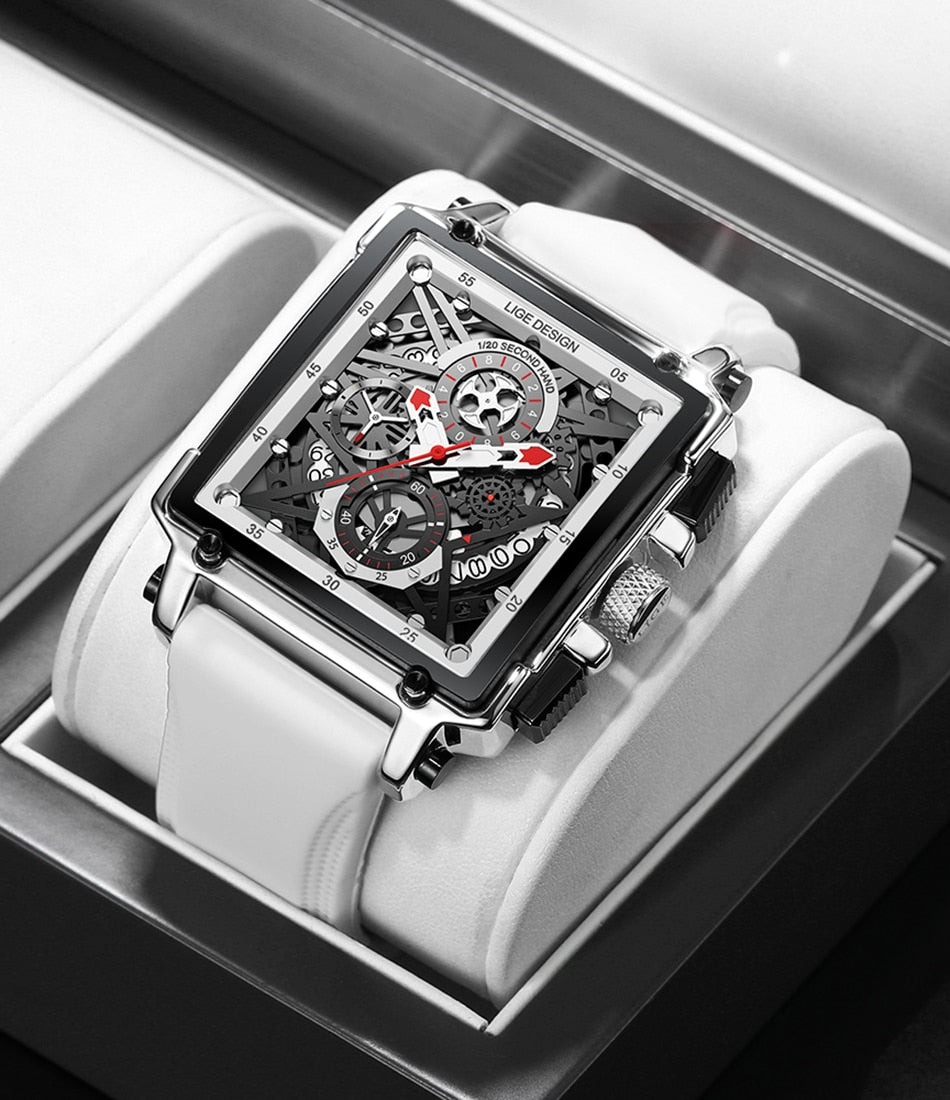 2022 New LIGE Men Watches Top Brand Luxury Hollow Square Sport Watch For Men Fashion Silicone Strap Waterproof Quartz WristWatch