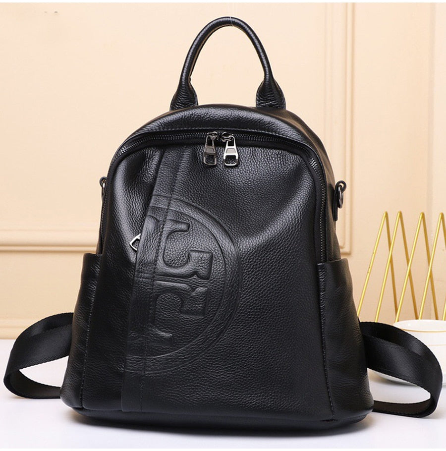 Ladies Travel Leather Backpack Real Cowhide Backpack Women's Bag Solid Color High Quality Black Leather Bag Student Schoolbag