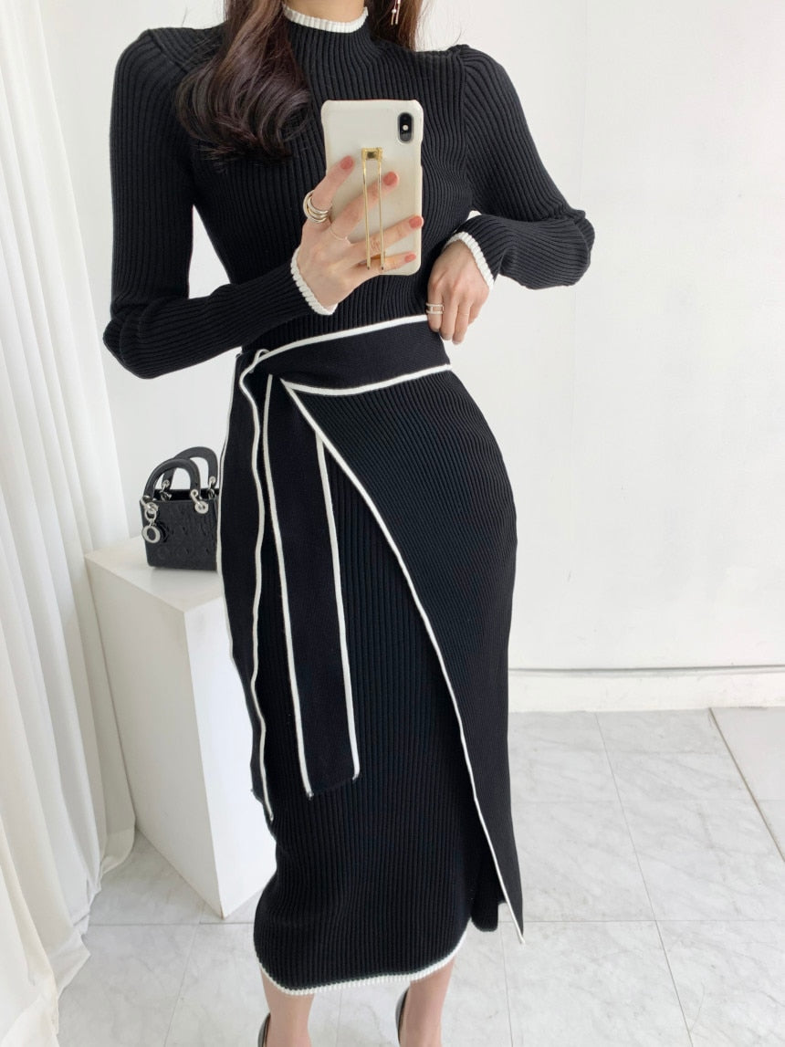 Woman Dress With Belt Vintage Patchwork Slim Knitted Midi Dresses Women Autumn Winter Elegant Sweater Knit Dress 2021 Vestidos