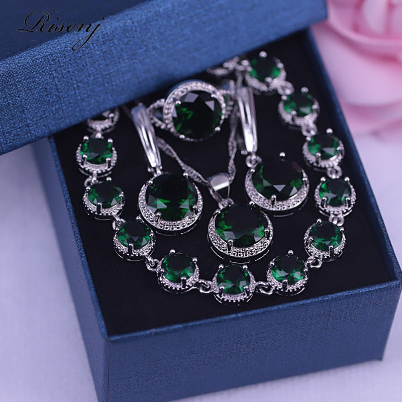 Many colors top cubic zircon Silver Color Jewelry Sets for Women Bracelet Ring Earrings Necklace Luxury Design