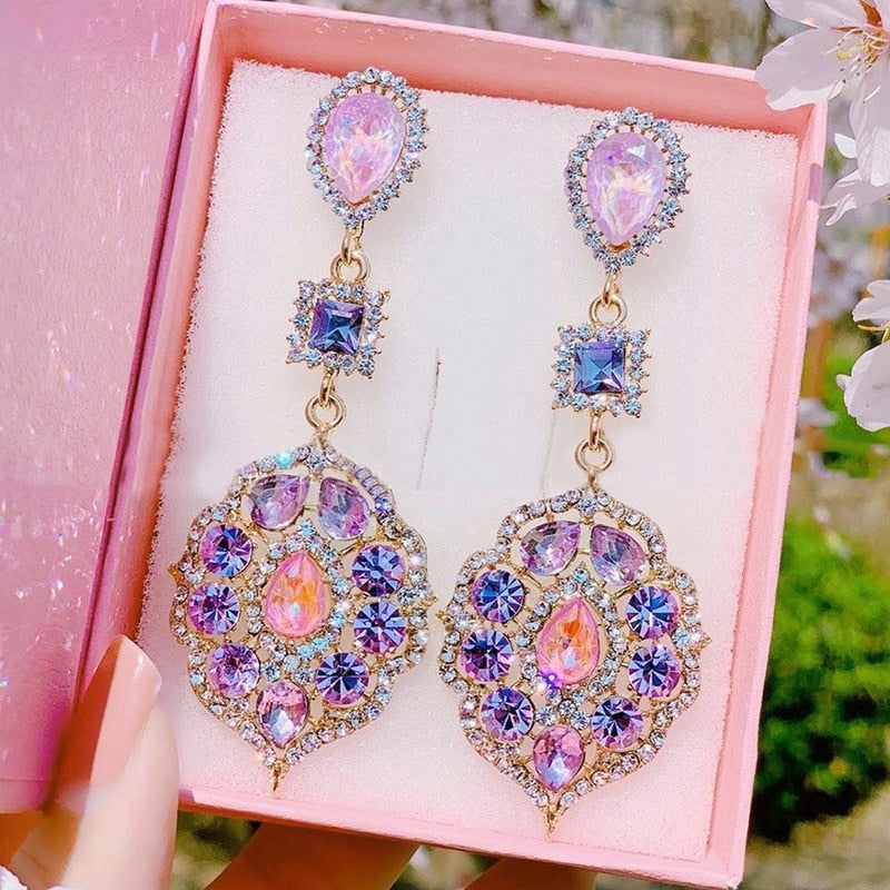 MENGJIQIAO New Vintage Elegant Waterdrop Crystal Oval Flower Dangle Earrings For Women Girls Luxury Rhinestone Jewelry Brinco