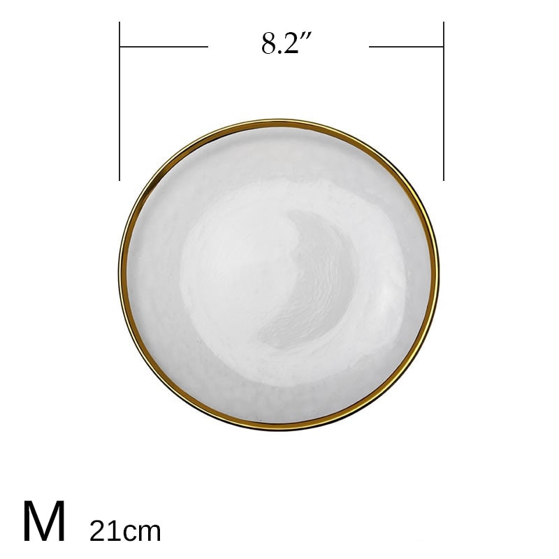 Glass Plate with Gold Inlay Edge Food Serving Plate Fruit Dessert Cake Salad Tray Meal Pasta Storage Container Dish Tableware