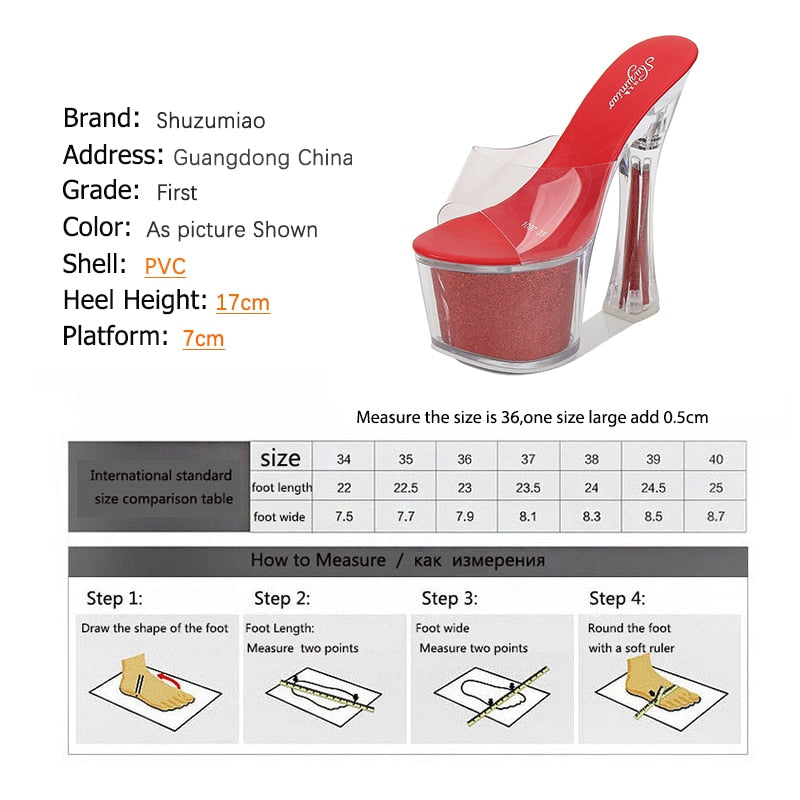 Shuzumiao Woman Transparent Shoes Stripper Heels Sexy Slippers Women Sandals Summer High Heels17cm Platform highing Shoes Square