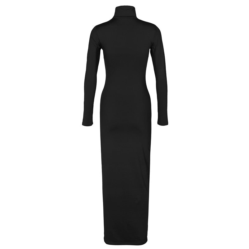 Turtleneck Long Dress Autumn Winter Muslim Elegant Office Lady Skinny Long Sleeve Bodycon Casual Dress Women Midi Clubwear