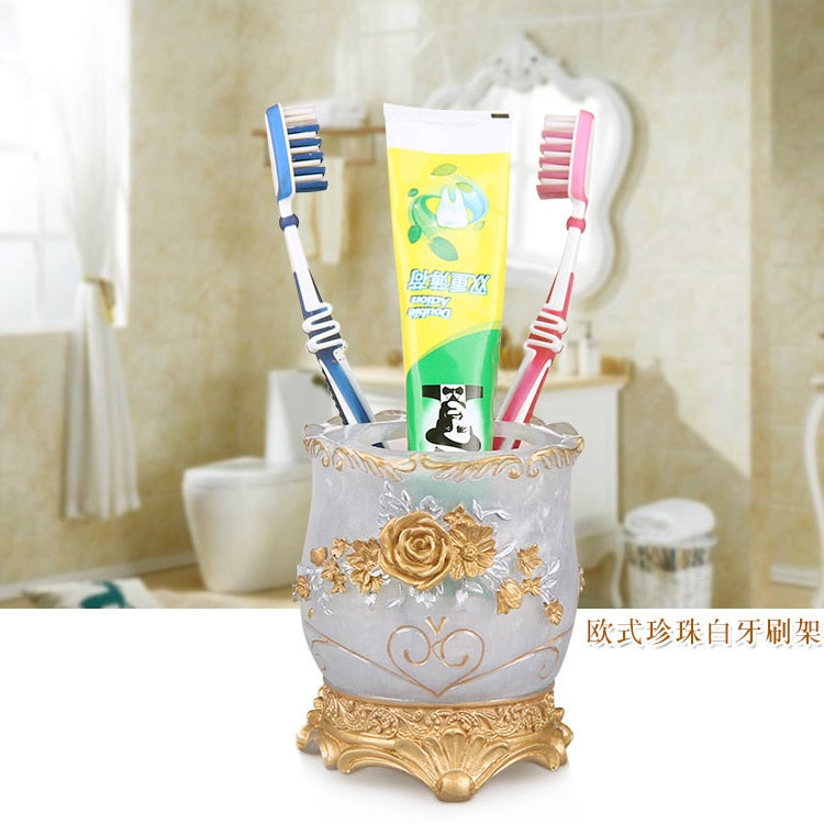 European Resin Household Bathroom Set Soap Dispenser Tooth Brush Holder Cup Soap Dish Tray Toilet Brush Wastebin Storage Set