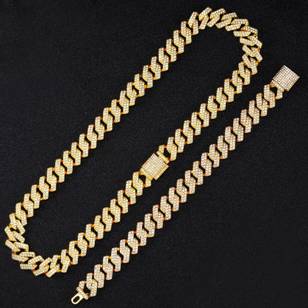 Hip Hop Men Chain 15MM Prong Cuban Chain 2 Row Iced Out Men's Necklace Rhinestone Zircon Paved Necklaces For Men