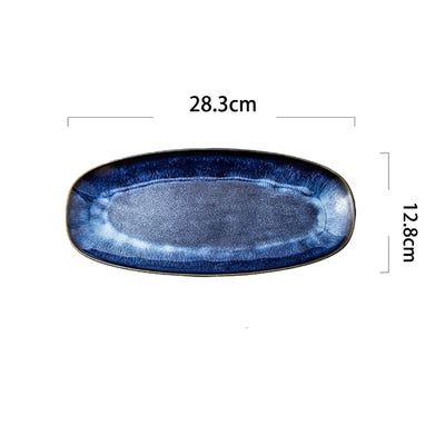 Ceramic Plate Japanese Style Dishes Kiln Change Cat Eye Blue Fish Plate Household Steamed Large Glaze Color Creative Sushi Plate