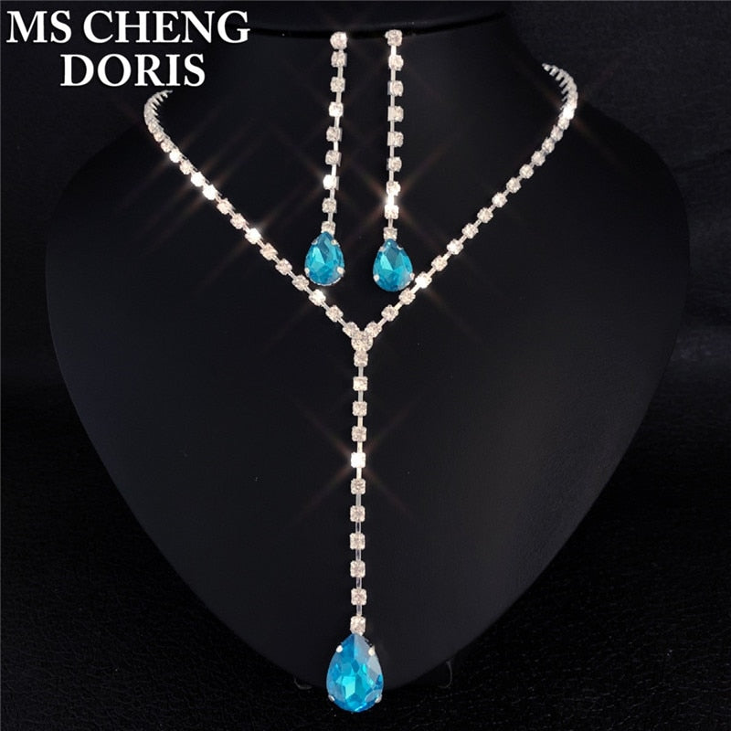 Water Drop Rhinestone Long Pendant Full Crystal Silver Plated Necklace & Earrings Elegant Bridal Wedding Jewelry Set