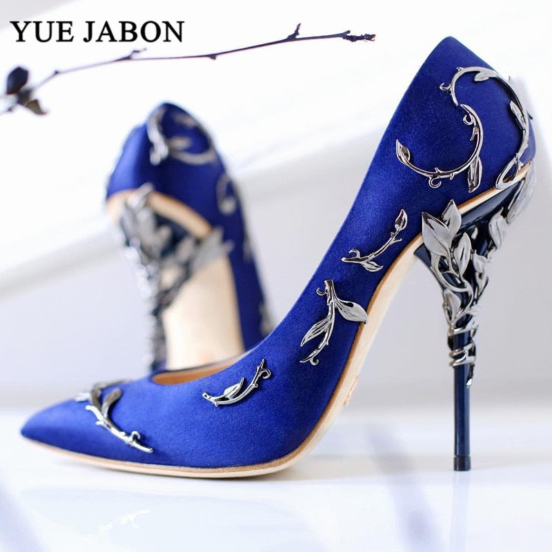 Elegant Silk Women Pumps Leaves Heel High Heels Rhinestone Flower Wedding Shoes Brand Design Pointed Toe shoes woman high heel