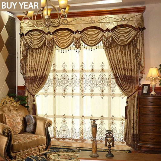 European Style Curtains for Living Dining Room Bedroom Hollow Embroidery Curtains Tulle Yellow Fabric Embroidery Window Valance