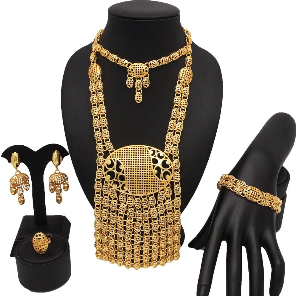 Fashion Gold Color Jewelry Sets African Bridal Big Jewelry sets Women Necklace Bracelet Earings Ring Wedding Gifts