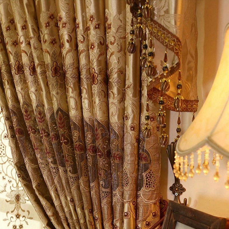 European Style Curtains for Living Dining Room Bedroom Hollow Embroidery Curtains Tulle Yellow Fabric Embroidery Window Valance