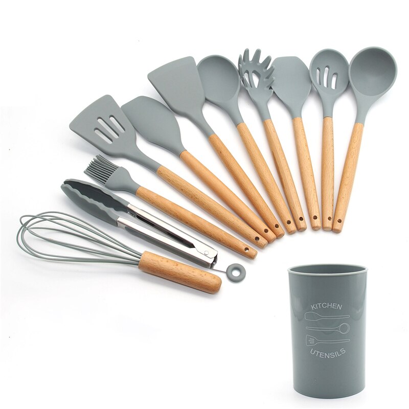 Silicone Cooking Utensils 11/12/13Pcs Kitchen Utensil Set Non-stick Spatula Wooden Handle with Storage Box Kitchen Appliances