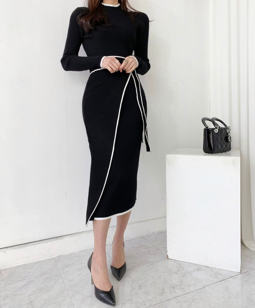 Woman Dress With Belt Vintage Patchwork Slim Knitted Midi Dresses Women Autumn Winter Elegant Sweater Knit Dress 2021 Vestidos