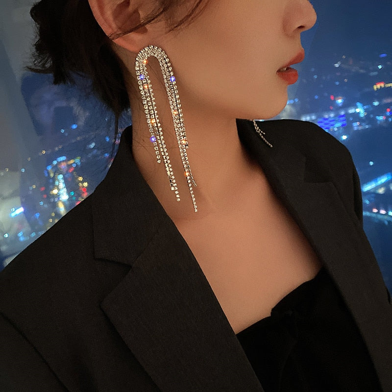 FYUAN Fashion Long Tassel Crystal Drop Earrings for Women Geometric Full Rhinestone Earrings Statement Jewelry Gifts