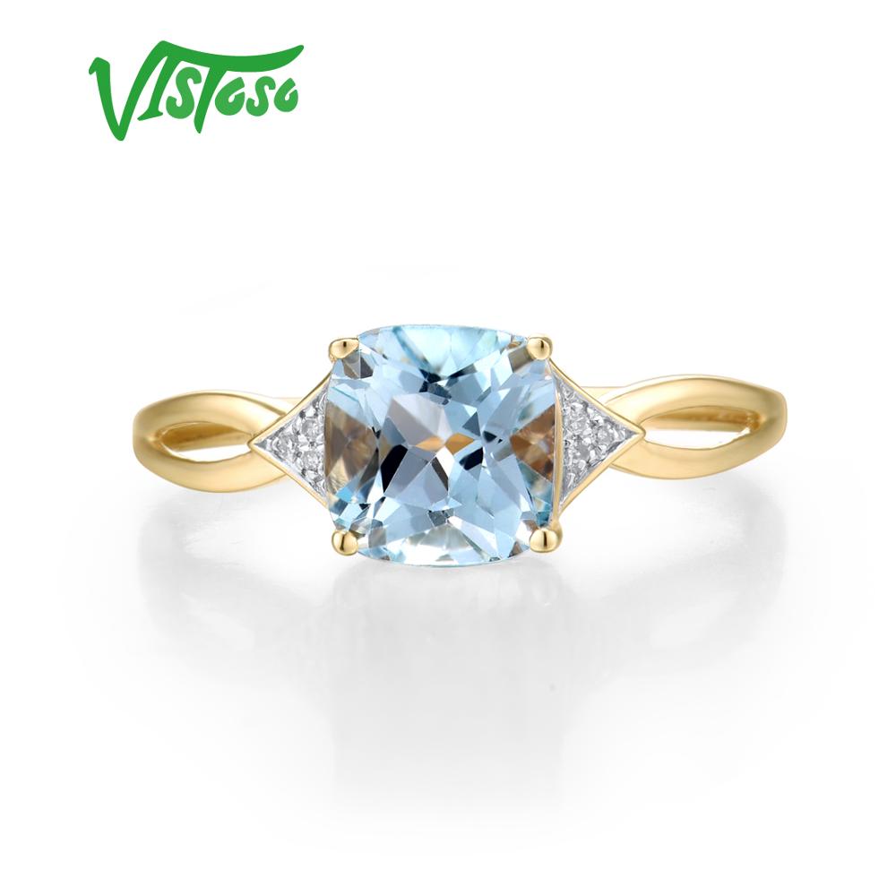 VISTOSO Pure14K 585 Yellow Gold Ring For Women Sparkling Diamond Limpid Blue Topaz Anniversary Classic Fine Jewelry