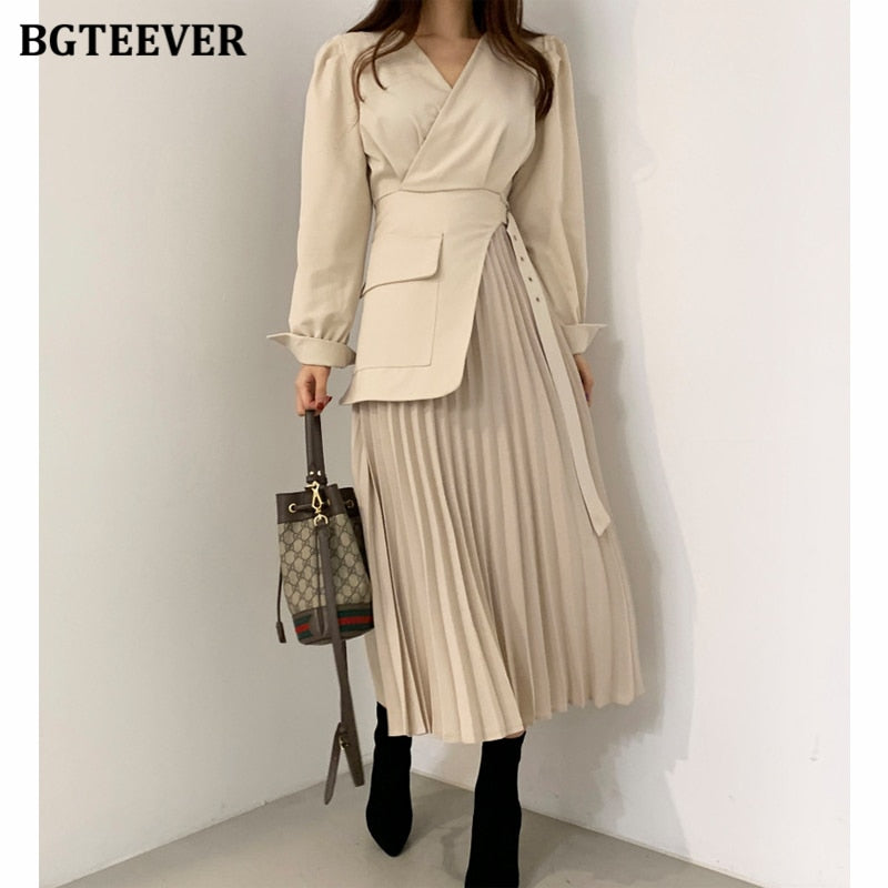 BGTEEVER Casual V-neck Slim Waist Belted Female Dress 2021 Spring Elegant Full Sleeve Women Pleated Vestidos Ladies Midi Dress