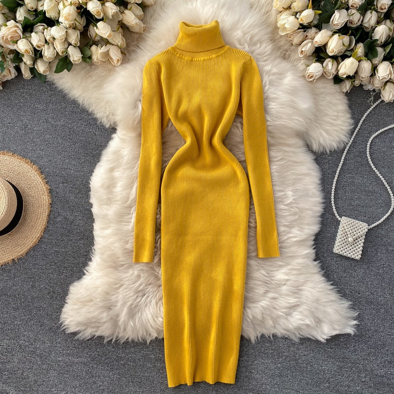 Dresses for Women 2022 Sexy Turtleneck Knitted Bodycon Dress Women Autumn Winter Long Sleeve Sweater Dress