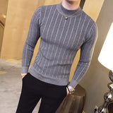 New Autumn Winter High Collar Striped Sweater Fashion Boutique Solid Color Men's Casual Knit Pullover Tight Fashion Mens Sweater