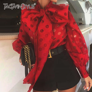 TWOTWINSTYLE Casual Ruched Women's Blouses Bow Collar Lantern Long Sleeve Lace Up Shirts For Female Fashion 2020 Clothing Tide