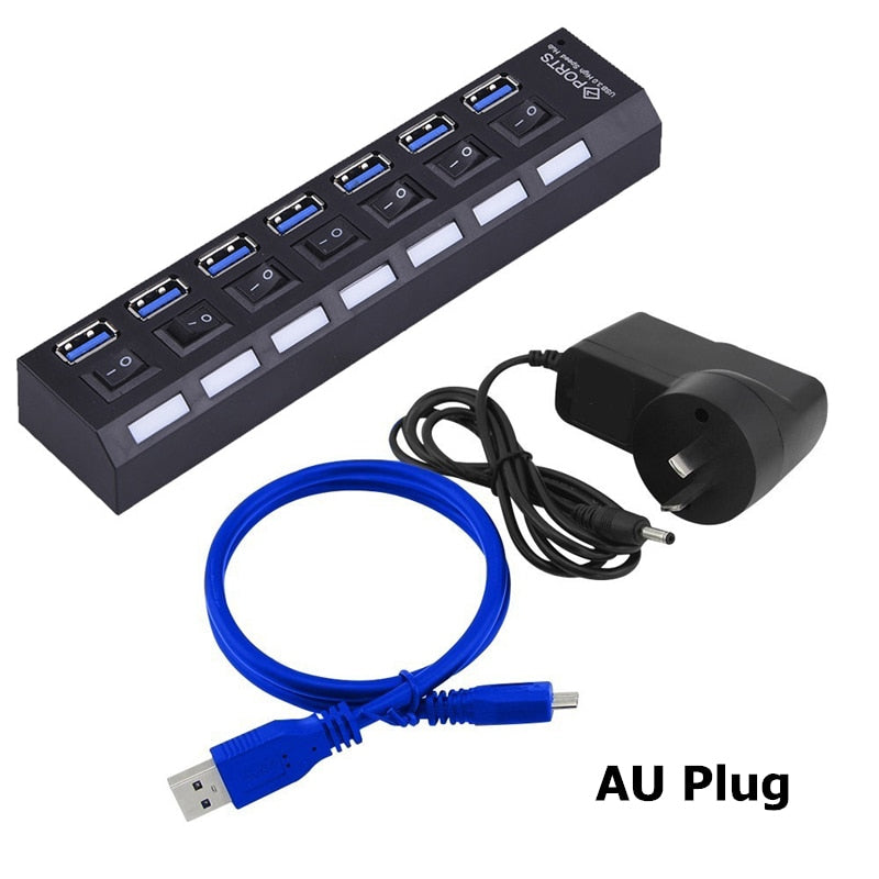 USB HUB 3.0 4 7 Port Usb Multi Splitter With Power Switch Supply Adapter For Macbook Pc Computer Laptops Notebook Accessories