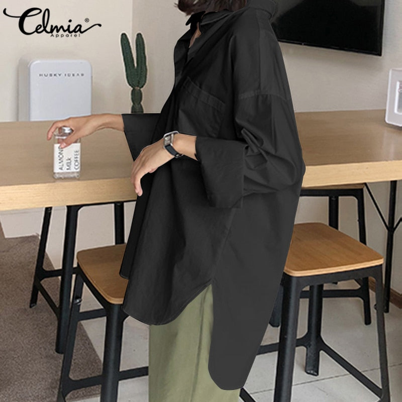 Celmia Women White Shirt 2021 Oversized Shirts Fashion Lapel Casual Solid Long Sleeve Buttons Asymmetrical Top Autumn Blusas 5XL