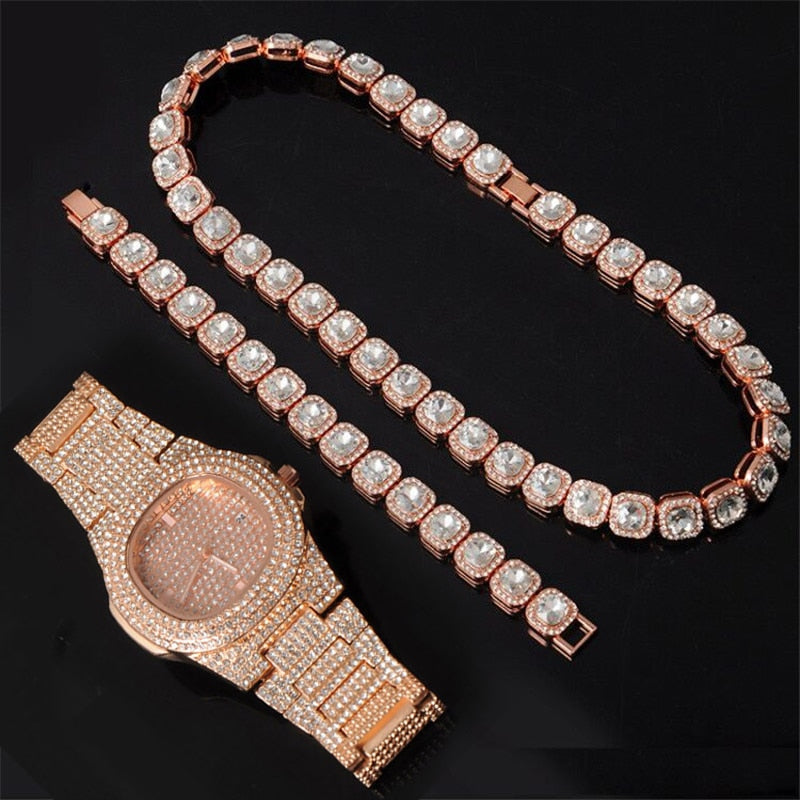 HIP 12MM Prong Tennis Necklace +Baguette Watch+Bracelet Hip Hop Chain Iced Out Bling Paved Rhinestones CZ Bling For Men Jewelry