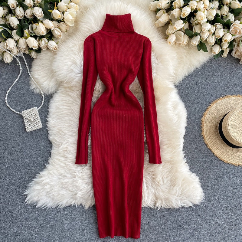 Dresses for Women 2022 Sexy Turtleneck Knitted Bodycon Dress Women Autumn Winter Long Sleeve Sweater Dress