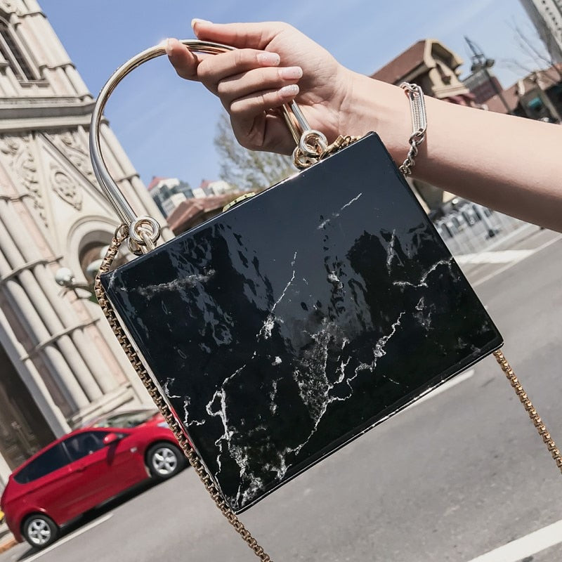 fashion marble box women handbags designer chains shoulder crossbody bags luxury pu leather lady evening clutch bag female purse