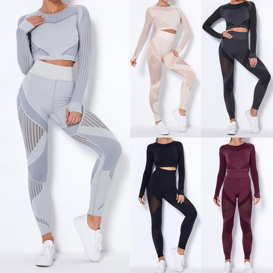 Tracksuit Women Solid Color Yoga Outfit Seamless Two Piece Striped Women Blouse Leggings Set Female Tights Women's Clothing