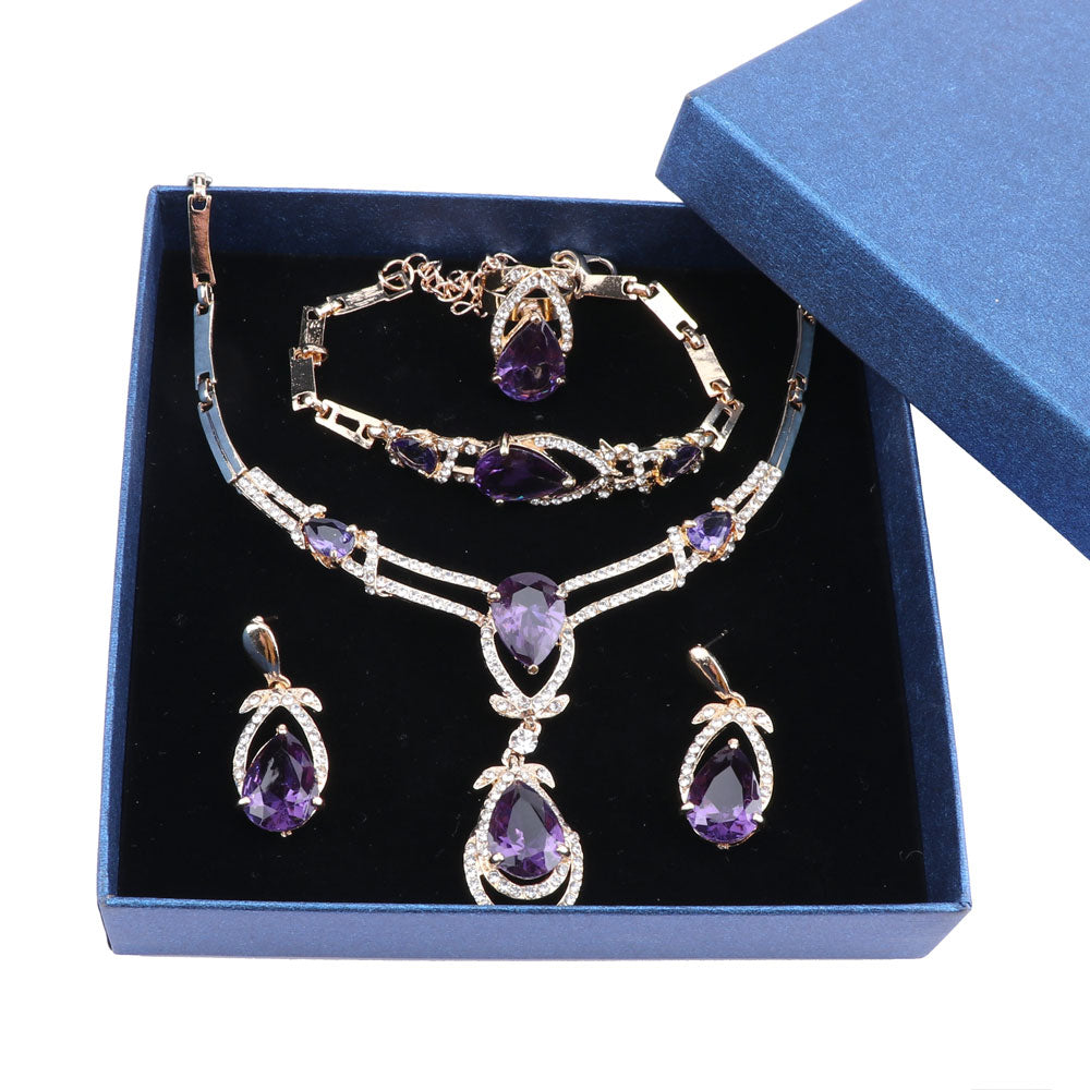 Women Gold Color Purple Zircon Crystal African Beads Necklace Bracelet Earring Ring Saudi Jewelry Set Party Bridal Decoration