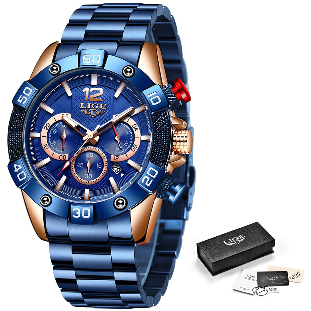 LIGE 2021 New Fashion Blue Mens Watches Top Brand Luxury Clock Sports Chronograph Waterproof Quartz Watch Men Relogio Masculino