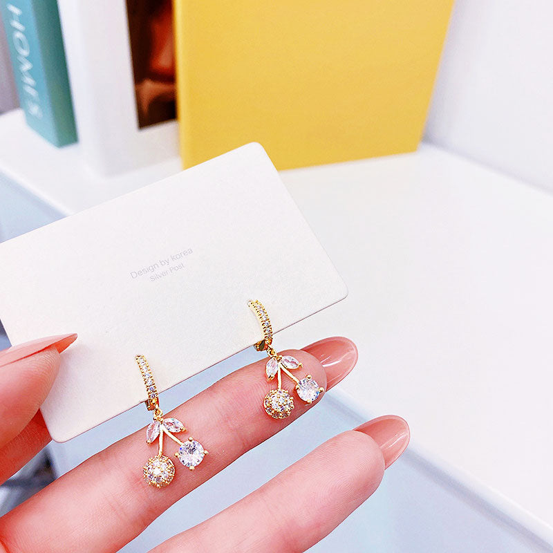 Korea Exquisite Cute Cherry Design 14K Real Gold Plating Ear Stud Elegant Luxury Charm for Lady Trendy Delicate Earrings Gift