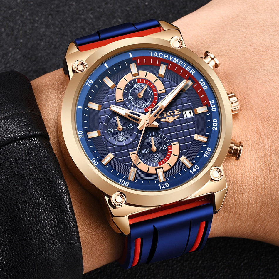 2022 LIGE New Mens Watches Top Brand Luxury Dial Clock Male Fashion Silicone Waterproof Quartz Gold Watch Men Sport Chronograph