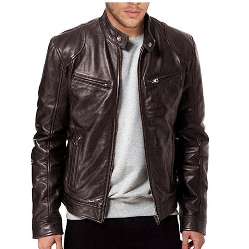 2021 Mens Fashion Leather Jacket Slim Fit Stand Collar PU Jacket Male Anti-wind Motorcycle Lapel Diagonal Zipper Jackets Men 5XL