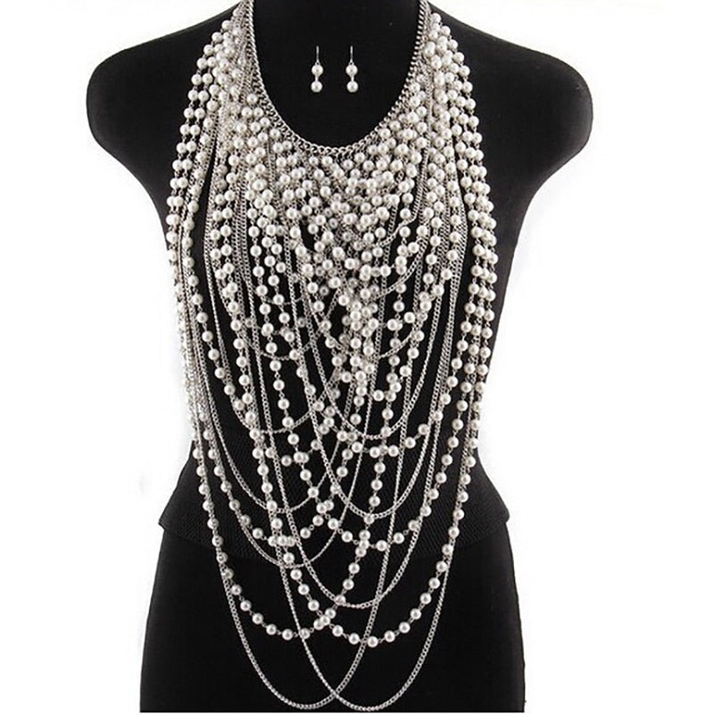 Bride pearl shoulder chain jewelry show party dress body chain accessories woman multi-layer pearl necklace jewelry