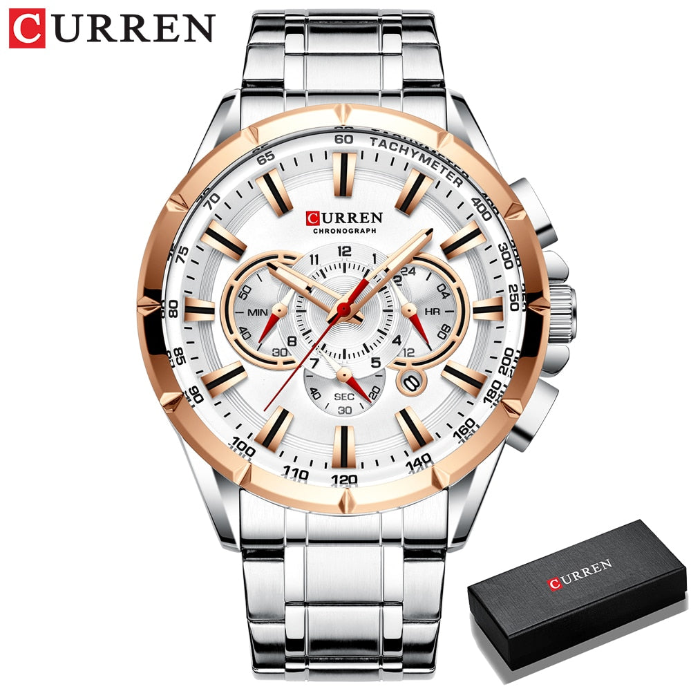 CURREN Luxury Casual Mens Watches Quartz Sports Chronograph Wristwatch Male Stainless Steel Luminous hands Clock