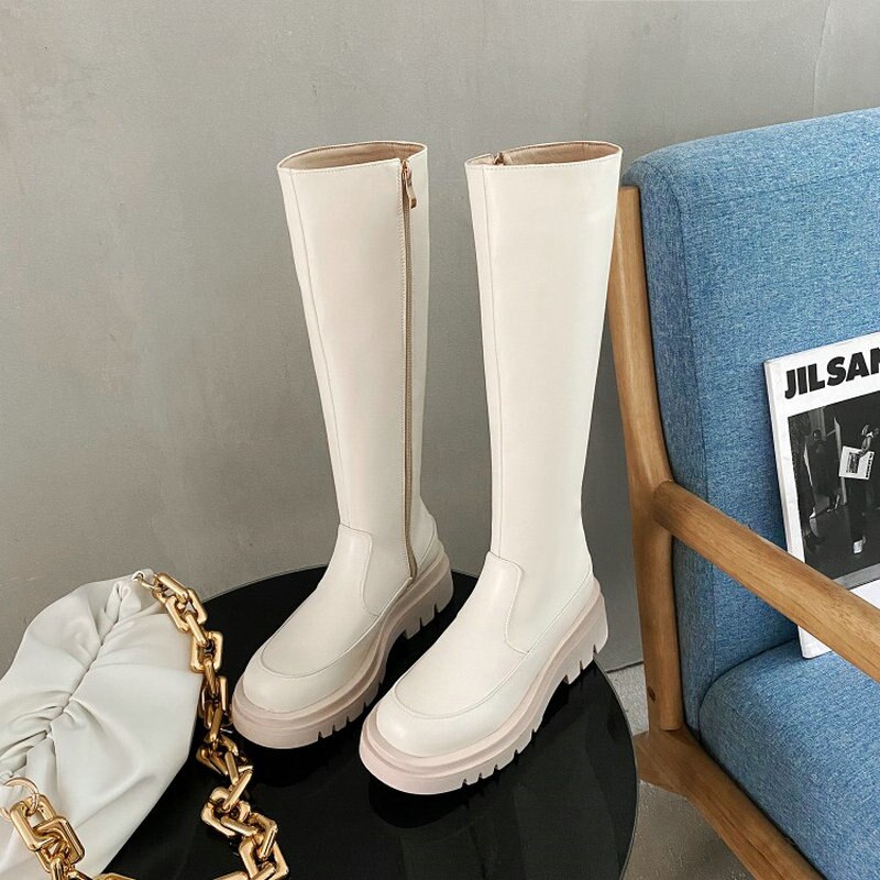 Luxury brand solid beige black punk riding boots womens winter shoes chunky heels platform knee high woman boots big size 42 43