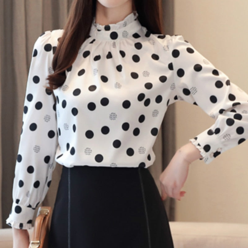 Plus size 2019 Autumn Fashion Women Chiffon Shirts Long Sleeve Polka Dot ruffless Women Blouses Casual Stand Collar Women Tops