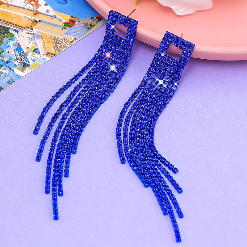 2022 New Trendy Crystal Long Tassel Earrings Blue Rhinestone Waterdrop Dangle Drop Earrings Eardrop For Women Jewelry Gift