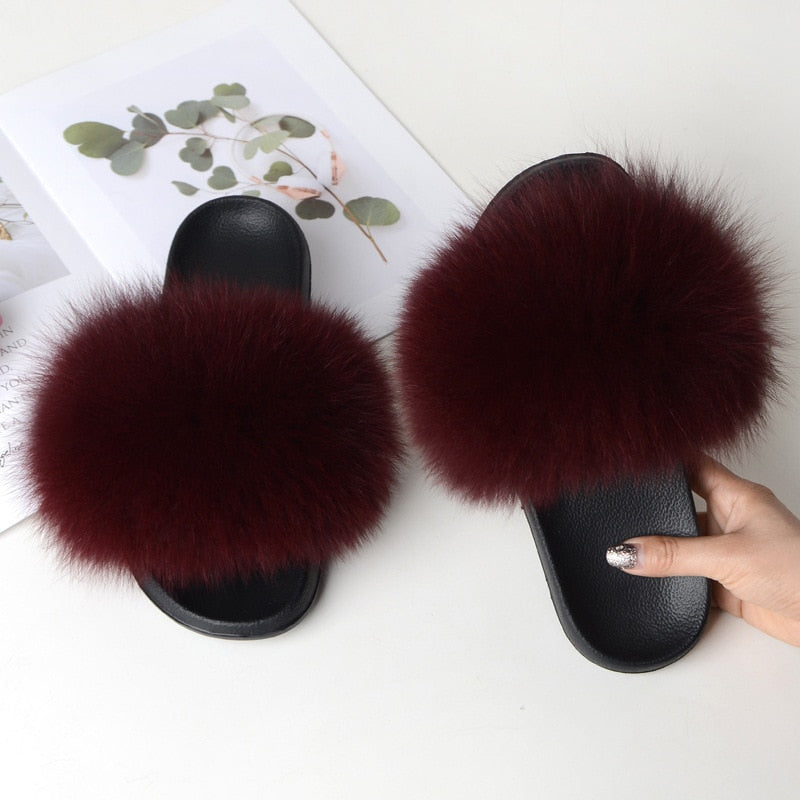 Women Summer Furry Fur Slippers Flat Non-slip Solid Real Fox Fur Slides Fluffy Slippers Ladies Shoes Woman Home Slipper