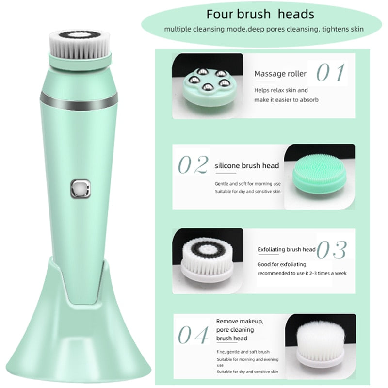 Electric Silicone Facial Cleaning Brush 4 in 1 Cleaning Brush Sonic Roller Massager to Remove Blackheads and Acne Pore Cleanser