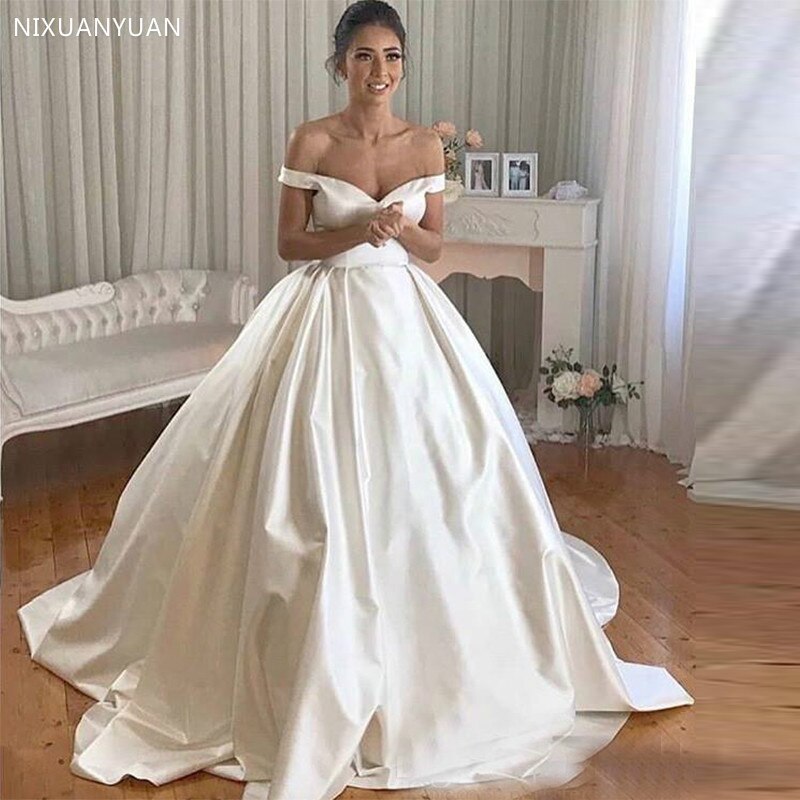 Wedding Dresses Off The Shoulder A-Line Bride Dress with Court Train Wedding Gowns Buttons Back Vestido De Noiva