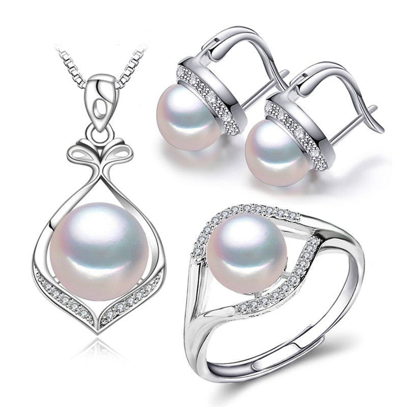 FENASY 925 Sterling Silver Pendant Necklace Natural Pearl Jewelry Sets For Women Classic Stud Earrings Fashion Party Rings