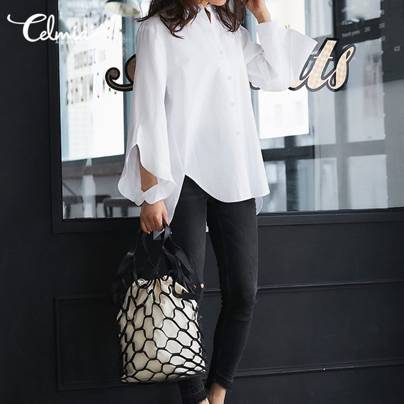 Celmia 2021 Autumn Women Tops and Blouses Long Flare Sleeve Casual Solid Shirts Buttons Work Basic Blusas Femininas Plus Size