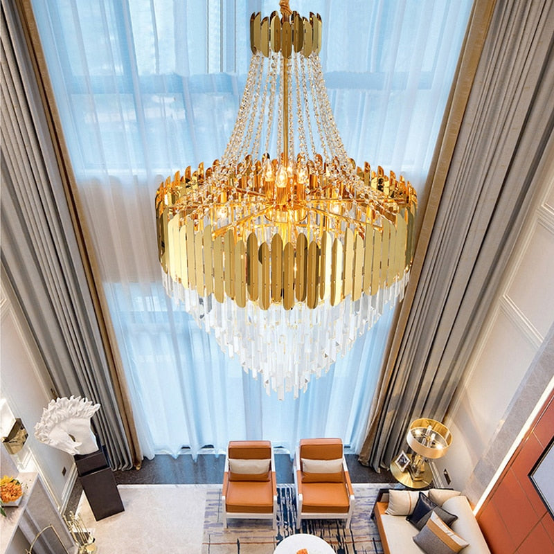 Crystal chandelier in the living room of duplex villa, spiral staircase chandelier, modern luxury living room chandelier