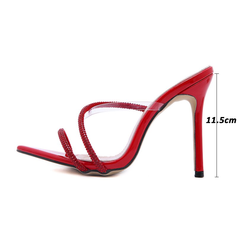 Kcenid 2021 New fashion rhinestone women slippers red black slides pointed toe high heels mules shoes female party shoes size 41