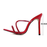 Kcenid 2021 New fashion rhinestone women slippers red black slides pointed toe high heels mules shoes female party shoes size 41