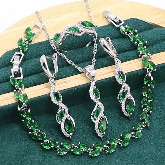 Marquise Green Emerald 925 Sterling Silver Jewelry set for Women Bracelet Earrings Necklace pendant Ring