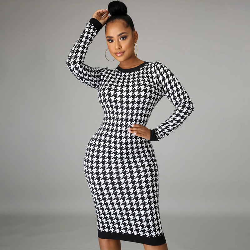 Houndstooth Print Women Long Sleeve Midi Dress Hollow Out Bodycon Sexy Streetwear 2022 Autumn Winter Club Elegant Slim